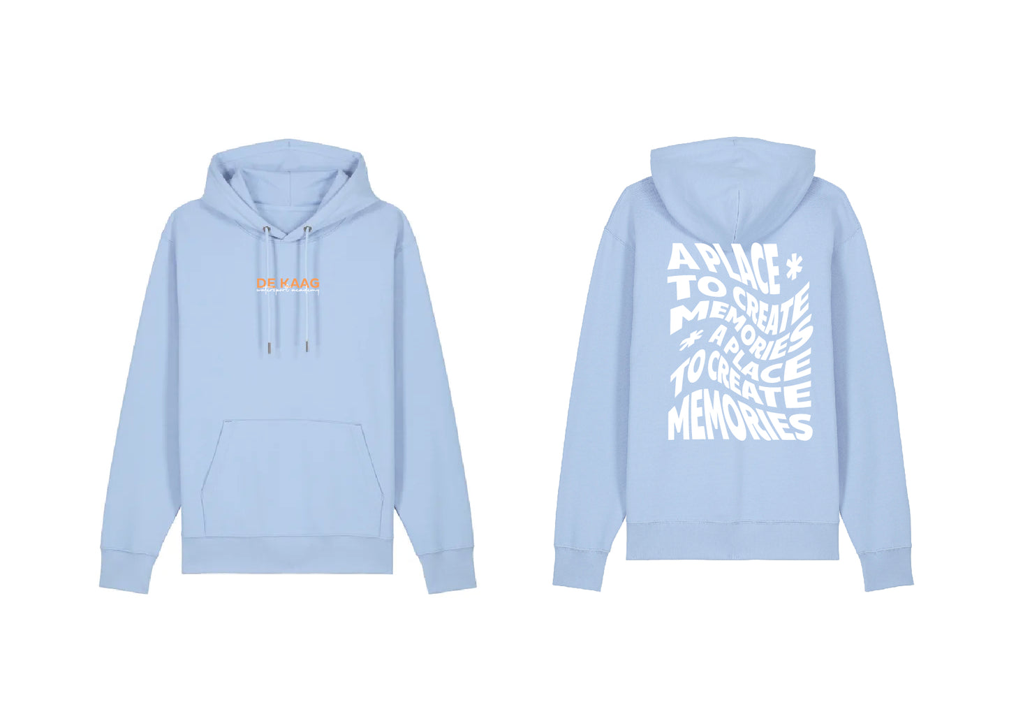 Hoodie happy season - Blauw, witte opdruk, oranje voorkant